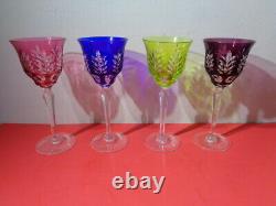 Vintage Set of 4 Colored Cut to Clear Bohemian Crystal Wine Glasses8.25 by 3.5