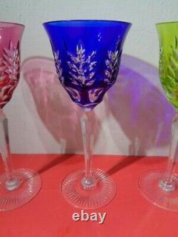 Vintage Set of 4 Colored Cut to Clear Bohemian Crystal Wine Glasses8.25 by 3.5