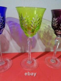 Vintage Set of 4 Colored Cut to Clear Bohemian Crystal Wine Glasses8.25 by 3.5