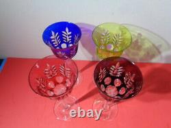 Vintage Set of 4 Colored Cut to Clear Bohemian Crystal Wine Glasses8.25 by 3.5