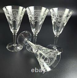 Vintage- Set of 4 Needle Etched Wine Glasses 7 3/4 Tall