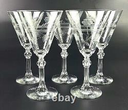 Vintage Set of 5 1945 Libbey Etched Water/Wine Glasses Conical Shaped