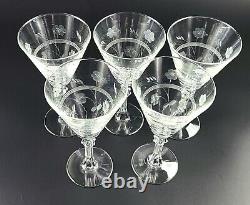 Vintage Set of 5 1945 Libbey Etched Water/Wine Glasses Conical Shaped