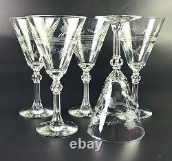 Vintage Set of 5 1945 Libbey Etched Water/Wine Glasses Conical Shaped