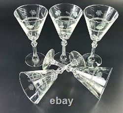 Vintage Set of 5 1945 Libbey Etched Water/Wine Glasses Conical Shaped