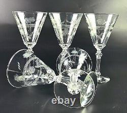 Vintage Set of 5 1945 Libbey Etched Water/Wine Glasses Conical Shaped