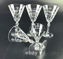 Vintage Set of 5 1945 Libbey Etched Water/Wine Glasses Conical Shaped