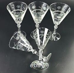 Vintage Set of 5 1945 Libbey Etched Water/Wine Glasses Conical Shaped