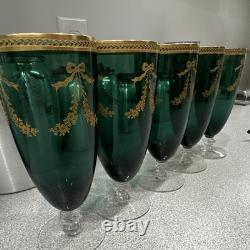 Vintage Set of 5 Emerald Green Gold Gilt Champagne FlutesHollywood Regency Style