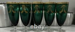 Vintage Set of 5 Emerald Green Gold Gilt Champagne FlutesHollywood Regency Style