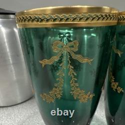 Vintage Set of 5 Emerald Green Gold Gilt Champagne FlutesHollywood Regency Style