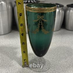 Vintage Set of 5 Emerald Green Gold Gilt Champagne FlutesHollywood Regency Style