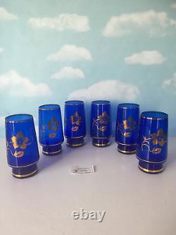 Vintage Set of 6 Bohemia Glass Wine Blue Cups with 24K Gold Floral Czech Republic