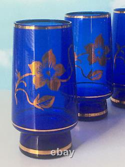 Vintage Set of 6 Bohemia Glass Wine Blue Cups with 24K Gold Floral Czech Republic