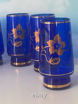 Vintage Set of 6 Bohemia Glass Wine Blue Cups with 24K Gold Floral Czech Republic