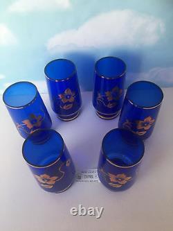 Vintage Set of 6 Bohemia Glass Wine Blue Cups with 24K Gold Floral Czech Republic