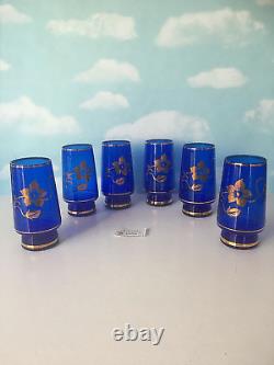 Vintage Set of 6 Bohemia Glass Wine Blue Cups with 24K Gold Floral Czech Republic