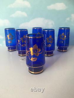 Vintage Set of 6 Bohemia Glass Wine Blue Cups with 24K Gold Floral Czech Republic