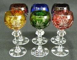 Vintage Set of 6 Colored Czech Wine Glass Goblets Cut to Clear Fan Bohemian MINT