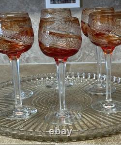 Vintage Set of 6 Cut-to-Clear Crystal Wine Glasses Amber Orange MCM Roemer