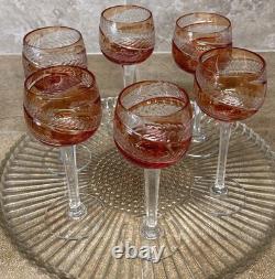 Vintage Set of 6 Cut-to-Clear Crystal Wine Glasses Amber Orange MCM Roemer