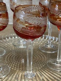 Vintage Set of 6 Cut-to-Clear Crystal Wine Glasses Amber Orange MCM Roemer