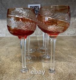 Vintage Set of 6 Cut-to-Clear Crystal Wine Glasses Amber Orange MCM Roemer