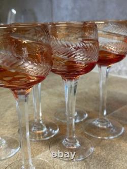 Vintage Set of 6 Cut-to-Clear Crystal Wine Glasses Amber Orange MCM Roemer