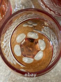 Vintage Set of 6 Cut-to-Clear Crystal Wine Glasses Amber Orange MCM Roemer