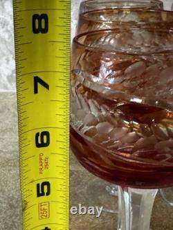 Vintage Set of 6 Cut-to-Clear Crystal Wine Glasses Amber Orange MCM Roemer