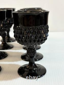 Vintage Set of 8 Black Diamond Point Tiara Indiana Glass Wine Water Goblets 5.25