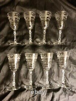 Vintage Set of 8 Crystal Mid Century Etched Floral Wine Stemmed Glassware 6oz
