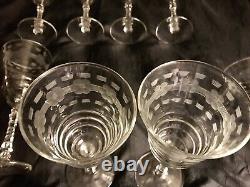 Vintage Set of 8 Crystal Mid Century Etched Floral Wine Stemmed Glassware 6oz