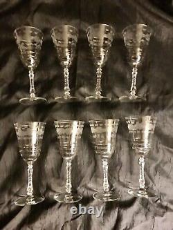 Vintage Set of 8 Crystal Mid Century Etched Floral Wine Stemmed Glassware 6oz