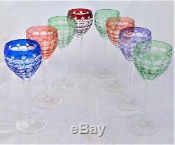 Vintage Set of Eight Bohemian Hock Glasses Cut To Clear Multi Coloured c 1960s