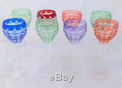 Vintage Set of Eight Bohemian Hock Glasses Cut To Clear Multi Coloured c 1960s