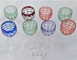 Vintage Set of Eight Bohemian Hock Glasses Cut To Clear Multi Coloured c 1960s