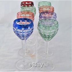 Vintage Set of Eight Bohemian Hock Glasses Cut To Clear Multi Coloured c 1960s