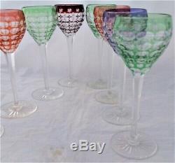 Vintage Set of Eight Bohemian Hock Glasses Cut To Clear Multi Coloured c 1960s