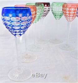 Vintage Set of Eight Bohemian Hock Glasses Cut To Clear Multi Coloured c 1960s