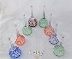 Vintage Set of Eight Bohemian Hock Glasses Cut To Clear Multi Coloured c 1960s