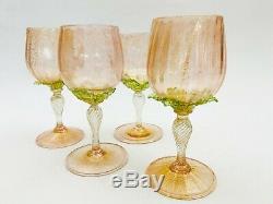 Vintage Set of Murano Italian Salviati Blown Art Glass Pink / Gold Wine Glasses