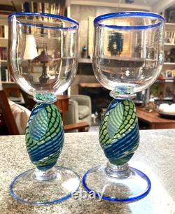 Vintage Signed Jacob of Hawaii Art Glass Wine Glasses Conch Shells Set of 2