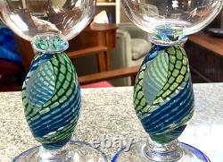 Vintage Signed Jacob of Hawaii Art Glass Wine Glasses Conch Shells Set of 2
