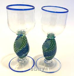 Vintage Signed Jacob of Hawaii Art Glass Wine Glasses Conch Shells Set of 2