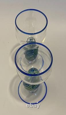 Vintage Signed Jacob of Hawaii Art Glass Wine Glasses Conch Shells Set of 2