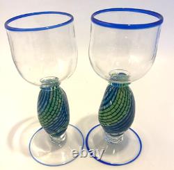 Vintage Signed Jacob of Hawaii Art Glass Wine Glasses Conch Shells Set of 2