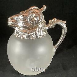 Vintage Silver Plate Rams Head Frosted Glass Pitcher Wine Decanter Claret Jug