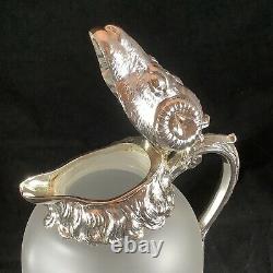 Vintage Silver Plate Rams Head Frosted Glass Pitcher Wine Decanter Claret Jug