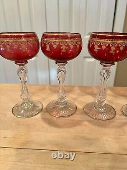 Vintage St. Louis Cranberry and Gold leaf Wine Glasses. 5 glasses. Estate Sale